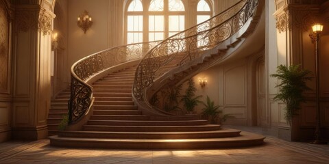 Staircase in Art Nouveau style featuring sinuous curves and naturalistic motifs with a warm glow, Curved Staircase, Ornate Detailing, Grand Staircase