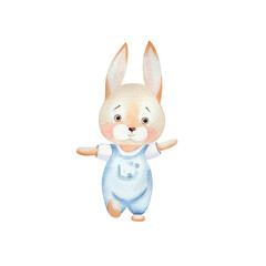Happy baby bunny in blue overalls. Watercolor illustration, isolated on a white background. Hand drawn. For children's birthday, Easter, cards, banners, textiles