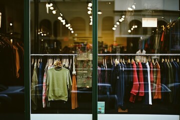 Colorful clothing display in boutique storefront window.