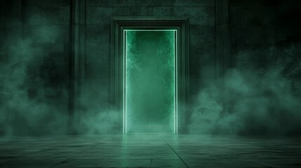 Eerie green door in smokefilled room, a mysterious and intriguing scene mysterious