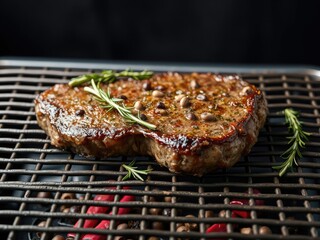 steak with rosemary and peppercorns on a metal grill, savory, industrial texture, restaurant quality