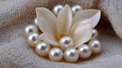 A cluster of pearls arranged in a flower shape on a textured fabric