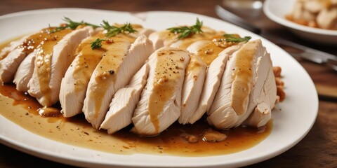 Steamed chicken breast on a plate with a savory gravy sauce, juicy meat, protein