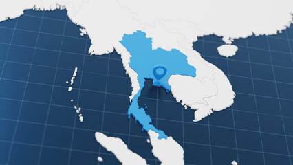 Blue Thailand 3d map with pointer pin surrounded with other countries in white.Political map with borders. 3d render illustration
