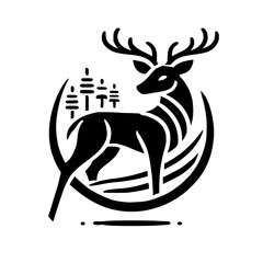Majestic Deer in Minimalist Forest Setting: Elegant Black and White Animal Graphic Design