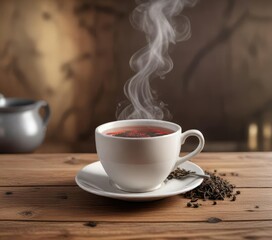 Steaming cup of aromatic tea on a wooden table , , aromatic tea