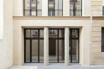 Fototapeta premium Modern architectural facade featuring glass doors and stone columns in a quiet urban street in an upscale neighborhood during daylight