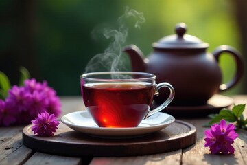Steaming cup of verbena tea with a teapot in the background, verbena, mysterious, teapot