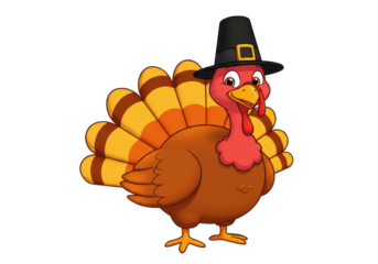 Cartoon turkey wearing a black pilgrim hat, vibrant colors, isolated on white background