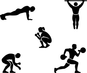 Black and white silhouettes of people performing various sports