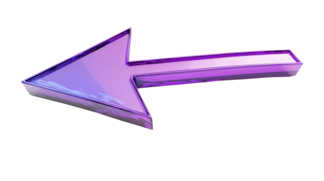 Purple 3d arrow pointing left on transparent background
