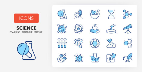 Line icons about science. Contains such icons as nano technology, artificial intelligence, GMO and more. 256x256 Pixel Perfect editable in two colors