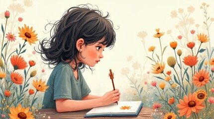 Whimsical illustration of a girl sketching vibrant flowers