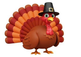 Cartoon turkey wearing a black pilgrim hat, vibrant colors, isolated on white background