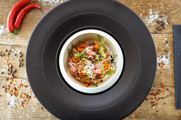 Tuna tartare. Ponzu sauce, chives, cucumber, masago and nori. Delicious healthy Italian traditional food closeup served for lunch in modern gourmet cuisine restaurant