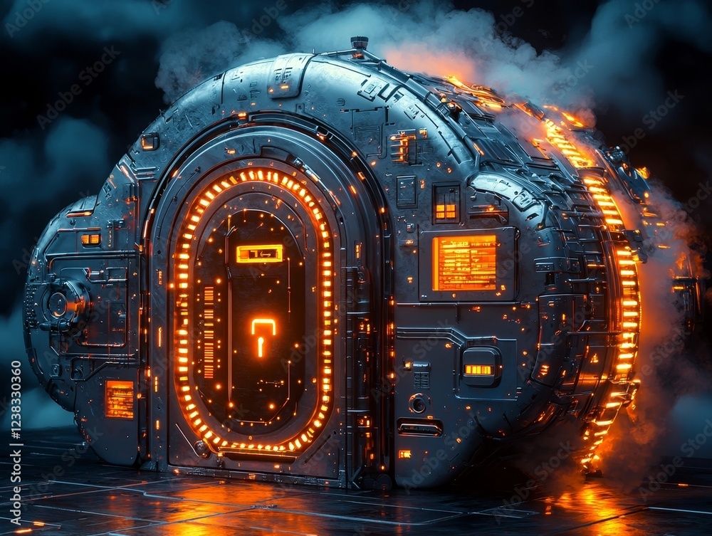 Poster symbolic cloud vault securing digital files with glowing lock and circuit like design on the vault d