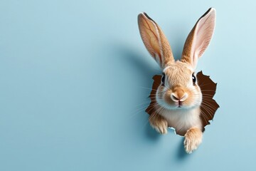 Obraz premium Cute Easter Bunny Gazing Out Inquisitively from Irregular Hole in Paper Sky Blue Background