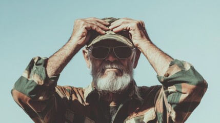 Elderly man adjusts hat, outdoors, clear sky