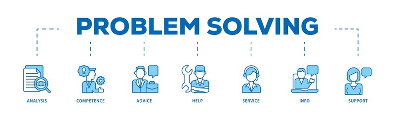Problem solving infographic icons flow process which consists of analysis, critical thinking, creativity, emotional intelligence, research, team building  icon live stroke and easy to edit .