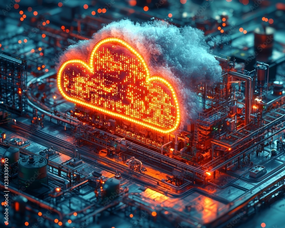 Poster glowing cloud factory producing binary data streams for futuristic computing