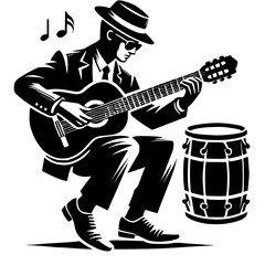 Fototapeta premium A Talented Musician Playing Guitar and Bongo: A Captivating Black and White Illustration of Musical Passion and Skill