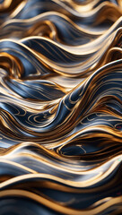 A close up of a dark background with black and golden waves. Textured banner for fashion industrial design concept
