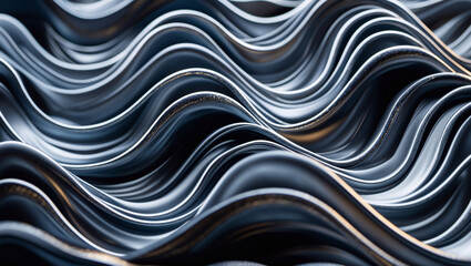 A close up of a dark background with black and silver waves. Textured banner for industrial design concept