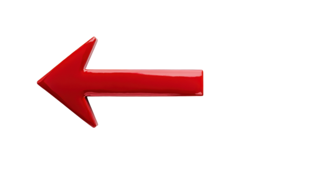 Red 3d arrow pointing left on transparent background