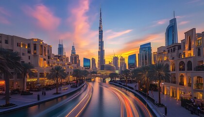 Fototapeta premium Dubai Skyline Sunset Canal Cityscape Buildings