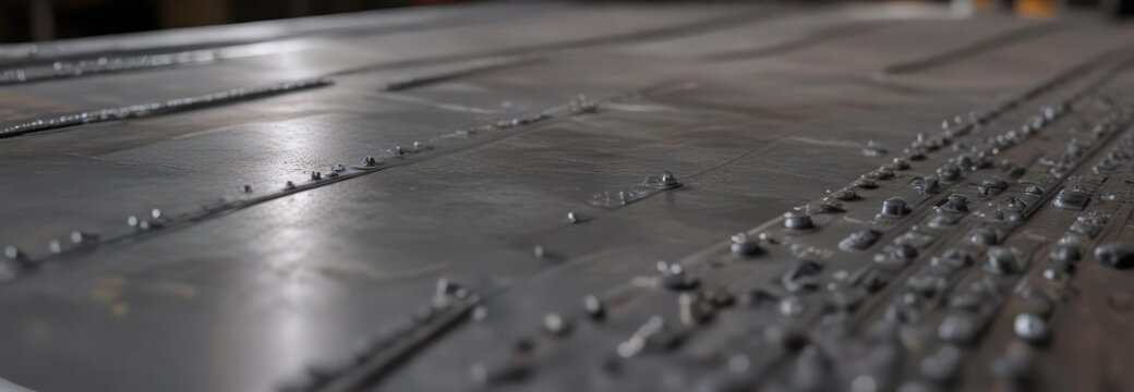 Steel plate with rivets in industrial workshop, metal fabrication, workshop settings