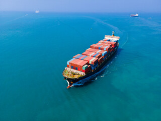 the aerial perspective of a cargo ship being loaded and unloaded at a bustling seaport and sailing...