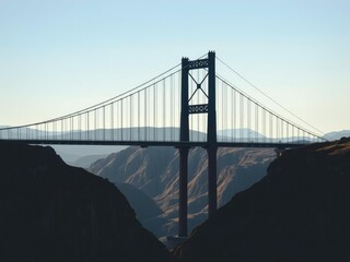 Fototapeta premium Steel suspension bridge with bold lines and curves crossing over a canyon, steel bridge, suspension bridge, construction site