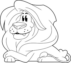 Outlined Cute Lion Cartoon Character With Majestic Mane Lying Down. Vector Hand Drawn Illustration