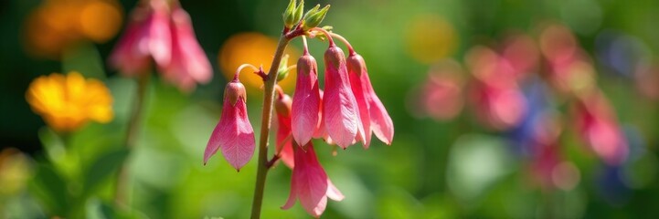 Stem with dangling pink blooms in a summer garden, , garden