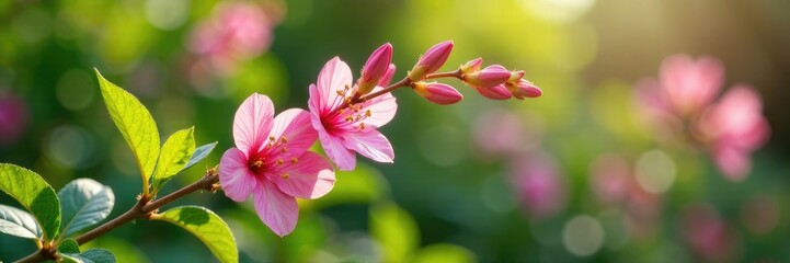 Stem with dangling pink blooms in a summer garden, pink, hanging, stems