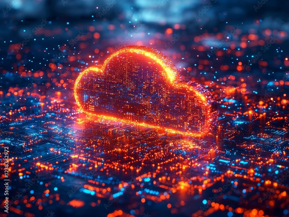 Wall mural glowing cloud icon above modern software and platform tools tech stack