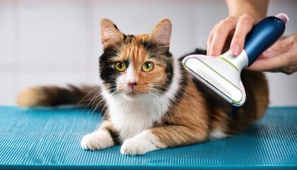 A cheerful calico cat enjoys a gentle grooming session on a bright grooming table.