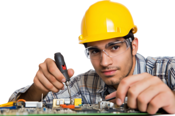 Hispanic electrician fixing circuit board with tools isolated on transparent white background