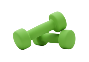 Pair of green dumbbells resting on their sides, isolated on white background