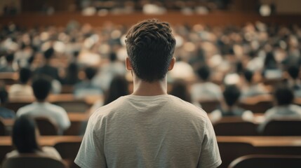 Fototapeta premium Man at large lecture hall audience, education