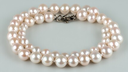 Classic pearl necklace with an antique clasp on a light grey background