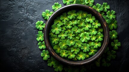 Round wooden bowl with lush green clovers on dark textured surface