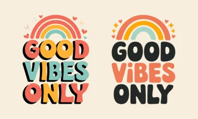 Fotobehang Good Vibes Only T-Shirt Design - Colorful and Cheerful Graphic Tee Featuring Rainbows and Positive Quotes, Perfect for Spreading Joy and Good Energy © Vectyx