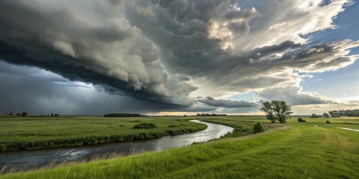 Storm clouds are rolling in over a lush green grassy field next to a winding river, casting dappled shadows on the ground, natural scenery, storm clouds, weather, trees, shadow