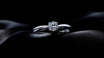 Fototapeta premium A solitaire diamond ring with a simple platinum band resting on a luxurious black velvet surface