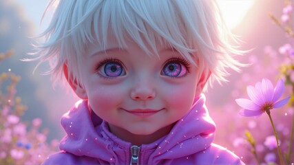 Fototapeta premium A cartoonish child with blue eyes and pink hair is smiling at the camera