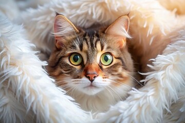 Obraz premium Adorable Kitten Peeking from Under a Cozy Blanket - Drone Aerial View