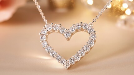 Delicate diamond necklace arranged in a heart shape on a champagne-colored backdrop.