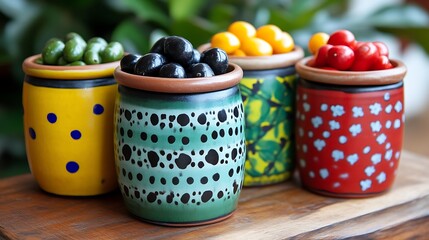 Colorful Pottery Jars Filled With Olives And Berries