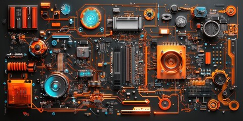 A vibrant, close-up view of a futuristic circuit board featuring intricate components and glowing elements in orange and blue hues.